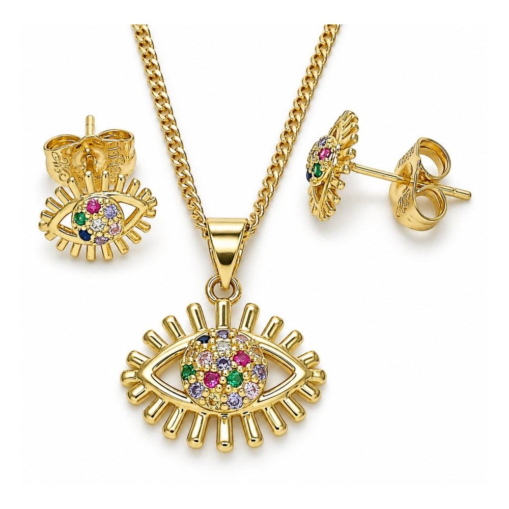 Oro Laminado Earring and Pendant Adult Set, Gold Filled Style Evil Eye Design, with Multicolor Micro Pave, Polished, Golden Finish