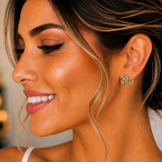 Oro Laminado Stud Earring, Gold Filled Style Elephant Design, with Multicolor Micro Pave, Polished, Golden Finish