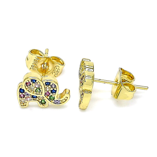 Oro Laminado Stud Earring, Gold Filled Style Elephant Design, with Multicolor Micro Pave, Polished, Golden Finish