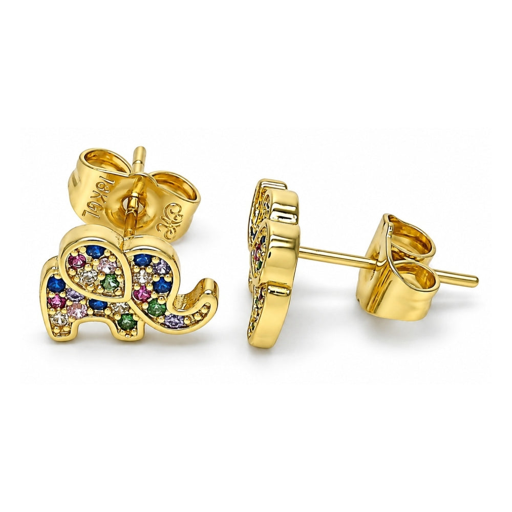 Oro Laminado Stud Earring, Gold Filled Style Elephant Design, with Multicolor Micro Pave, Polished, Golden Finish