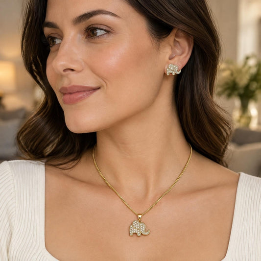 Oro Laminado Earring and Pendant Adult Set, Gold Filled Style Elephant Design, with White Micro Pave, Polished, Golden Finish