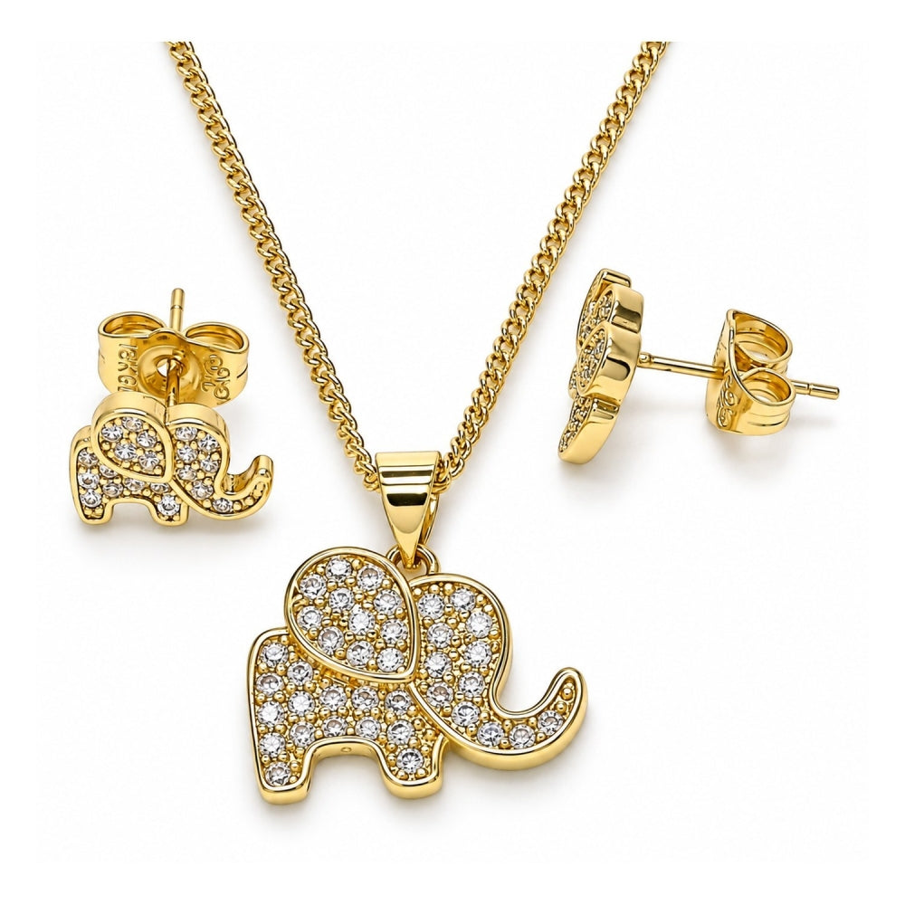 Oro Laminado Earring and Pendant Adult Set, Gold Filled Style Elephant Design, with White Micro Pave, Polished, Golden Finish