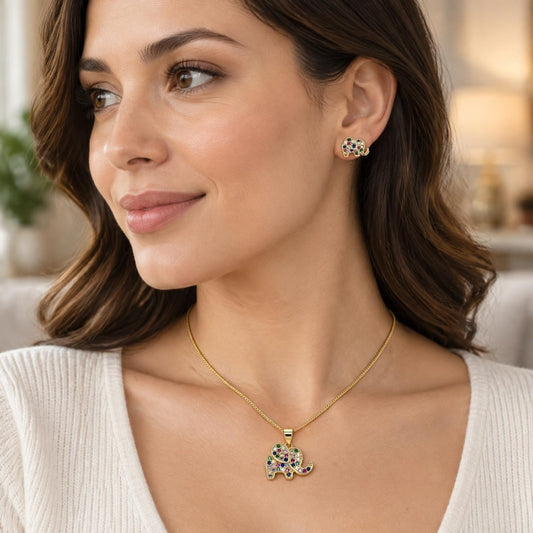 Oro Laminado Earring and Pendant Adult Set, Gold Filled Style Elephant Design, with Multicolor Micro Pave, Polished, Golden Finish