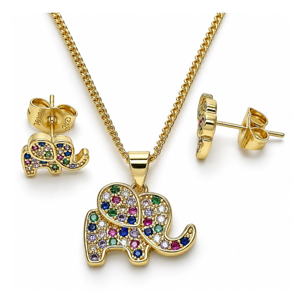 Oro Laminado Earring and Pendant Adult Set, Gold Filled Style Elephant Design, with Multicolor Micro Pave, Polished, Golden Finish