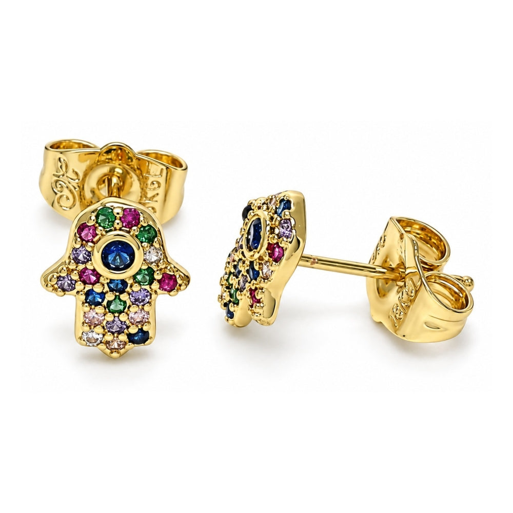 Oro Laminado Stud Earring, Gold Filled Style Hand of God and Judaica Design, with Multicolor Micro Pave and Sapphire Blue Cubic Zirconia, Polished, Golden Finish