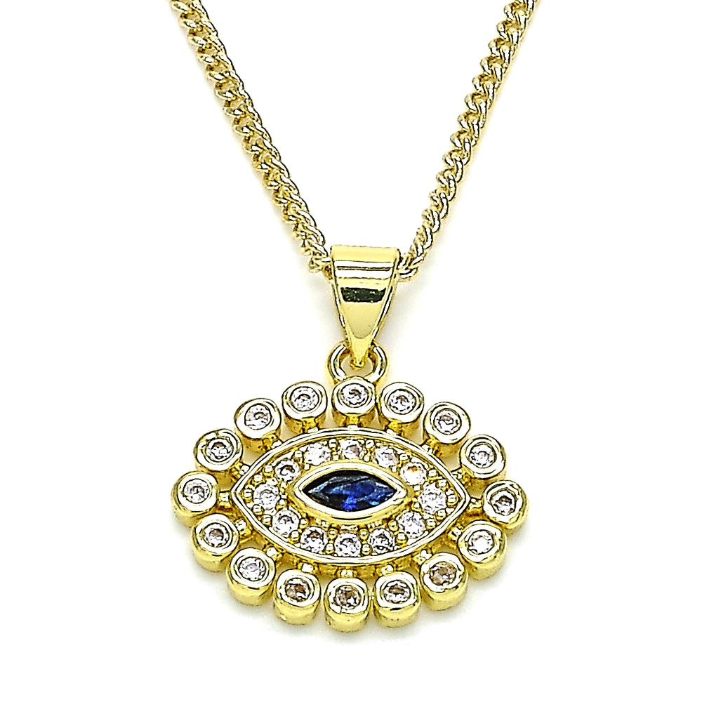 Oro Laminado Pendant Necklace, Gold Filled Style Evil Eye Design, with Sapphire Blue and White Micro Pave, Polished, Golden Finish