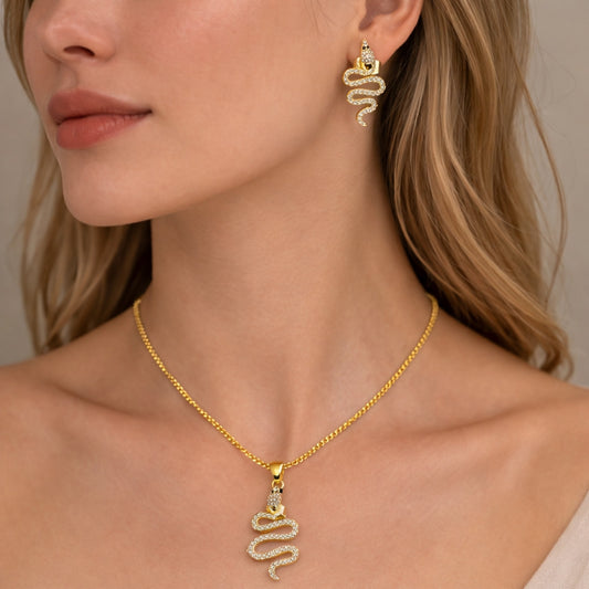 Oro Laminado Earring and Pendant Adult Set, Gold Filled Style Snake Design, with White and Green Micro Pave, Polished, Golden Finish