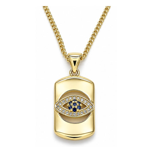 Oro Laminado Pendant Necklace, Gold Filled Style Evil Eye Design, with Sapphire Blue and White Micro Pave, Polished, Golden Finish