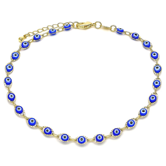 Oro Laminado Fancy Anklet, Gold Filled Style Evil Eye Design, Blue Resin Finish, Golden Finish