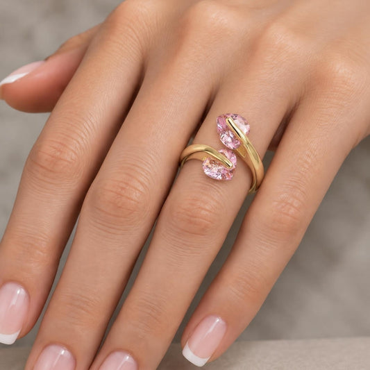 Oro Laminado Multi Stone Ring, Gold Filled Style Heart Design, with Pink Cubic Zirconia, Polished, Golden Finish