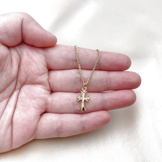 Oro Laminado Pendant Necklace, Gold Filled Style Cross Design, with White Cubic Zirconia, Polished, Golden Finish