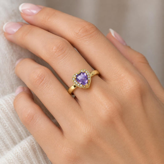 Oro Laminado Multi Stone Ring, Gold Filled Style Heart and Teardrop Design, with Amethyst and White Cubic Zirconia, Polished, Golden Finish