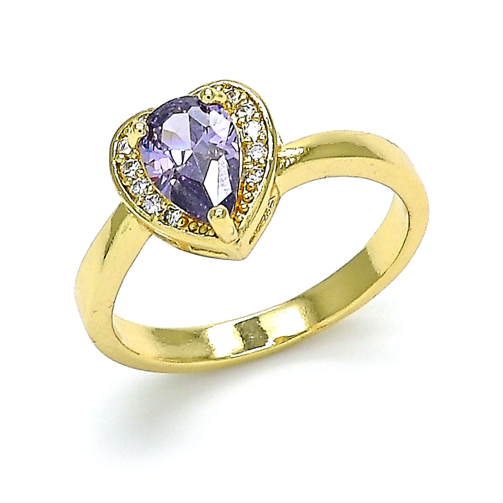 Oro Laminado Multi Stone Ring, Gold Filled Style Heart and Teardrop Design, with Amethyst and White Cubic Zirconia, Polished, Golden Finish