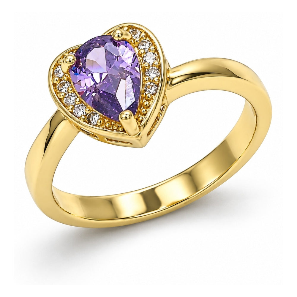 Oro Laminado Multi Stone Ring, Gold Filled Style Heart and Teardrop Design, with Amethyst and White Cubic Zirconia, Polished, Golden Finish