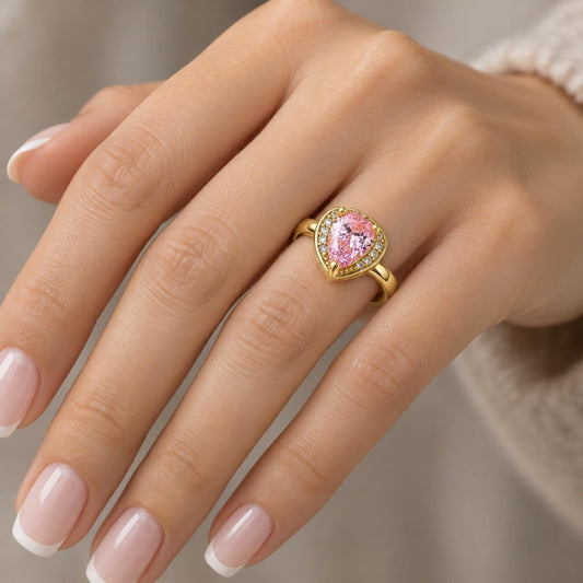 Oro Laminado Multi Stone Ring, Gold Filled Style Heart and Teardrop Design, with Pink and White Cubic Zirconia, Polished, Golden Finish