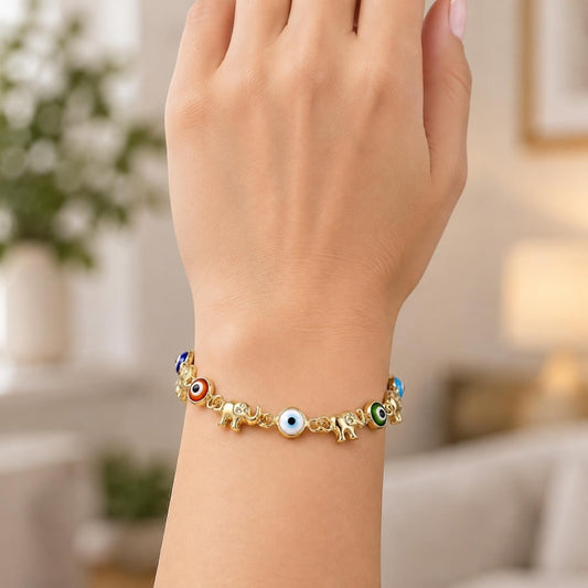 Oro Laminado Fancy Bracelet, Gold Filled Style Elephant and Evil Eye Design, Multicolor Resin Finish, Golden Finish