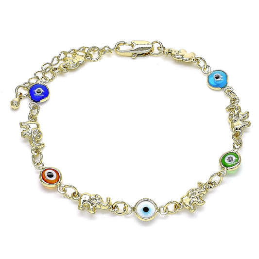 Oro Laminado Fancy Bracelet, Gold Filled Style Elephant and Evil Eye Design, Multicolor Resin Finish, Golden Finish