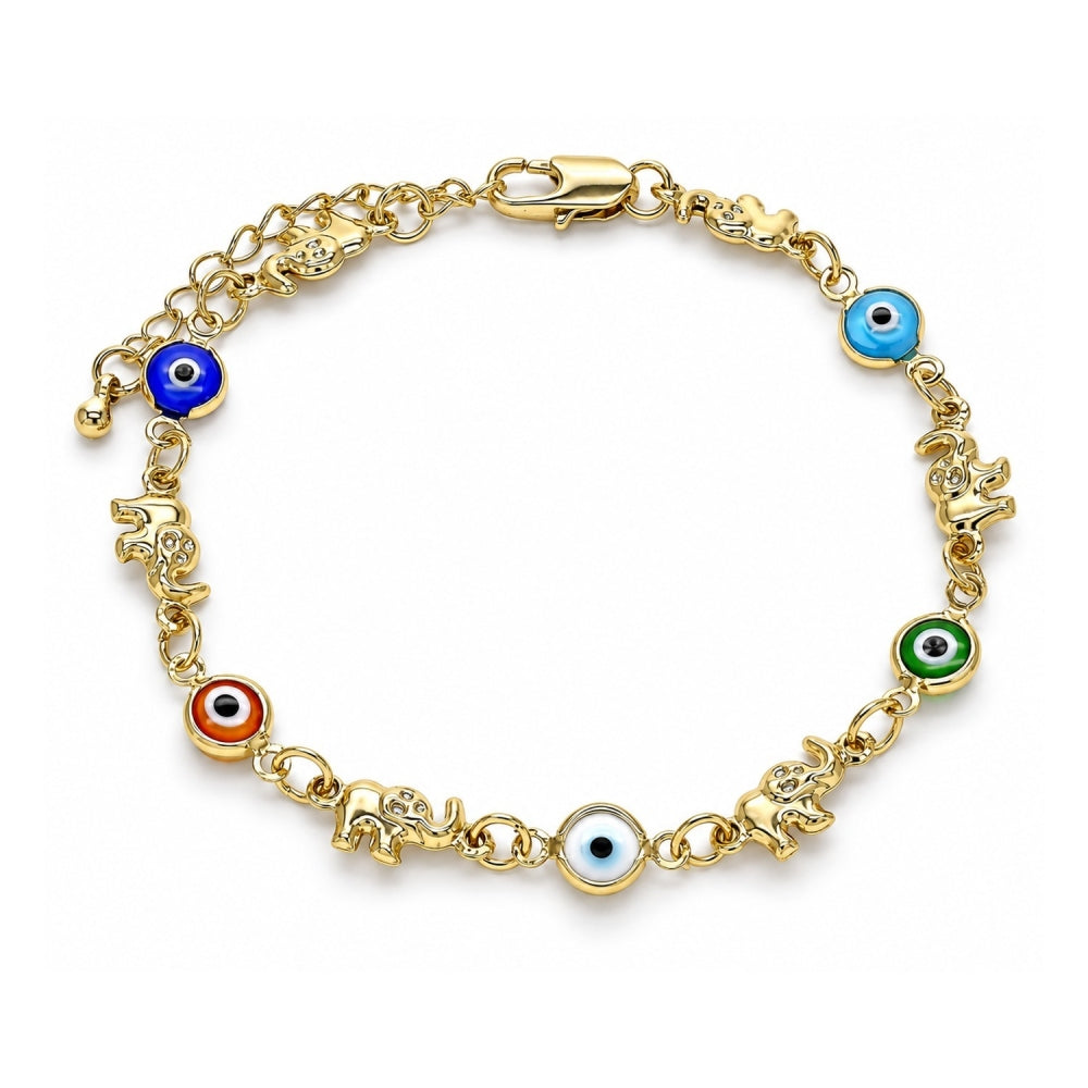 Oro Laminado Fancy Bracelet, Gold Filled Style Elephant and Evil Eye Design, Multicolor Resin Finish, Golden Finish
