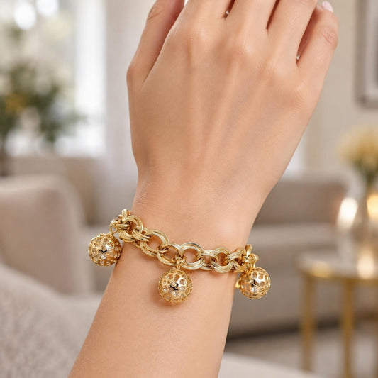 Oro Laminado Charm Bracelet, Gold Filled Style Ball Design, with White Cubic Zirconia, Polished, Golden Finish