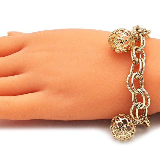 Oro Laminado Charm Bracelet, Gold Filled Style Ball Design, with White Cubic Zirconia, Polished, Golden Finish