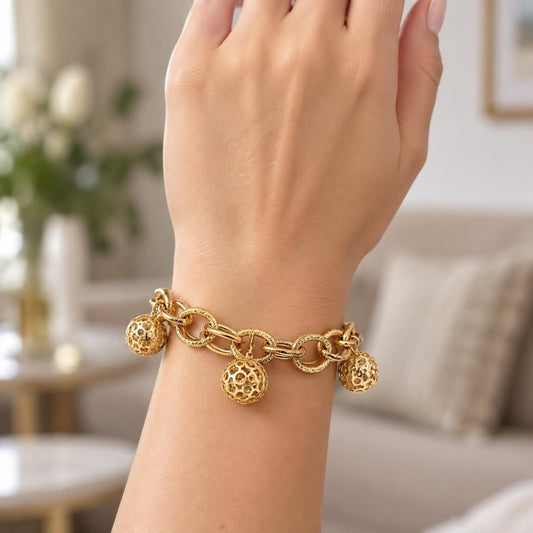Oro Laminado Charm Bracelet, Gold Filled Style Ball Design, with White Cubic Zirconia, Polished, Golden Finish