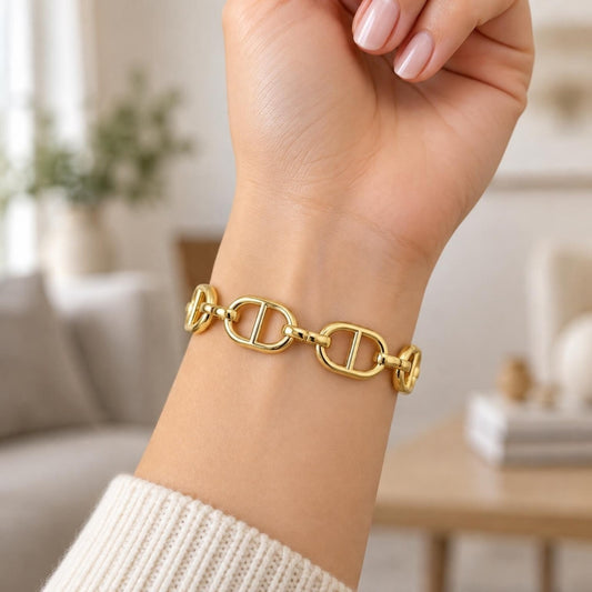 Oro Laminado Basic Bracelet, Gold Filled Style Puff Mariner Design, Polished, Golden Finish