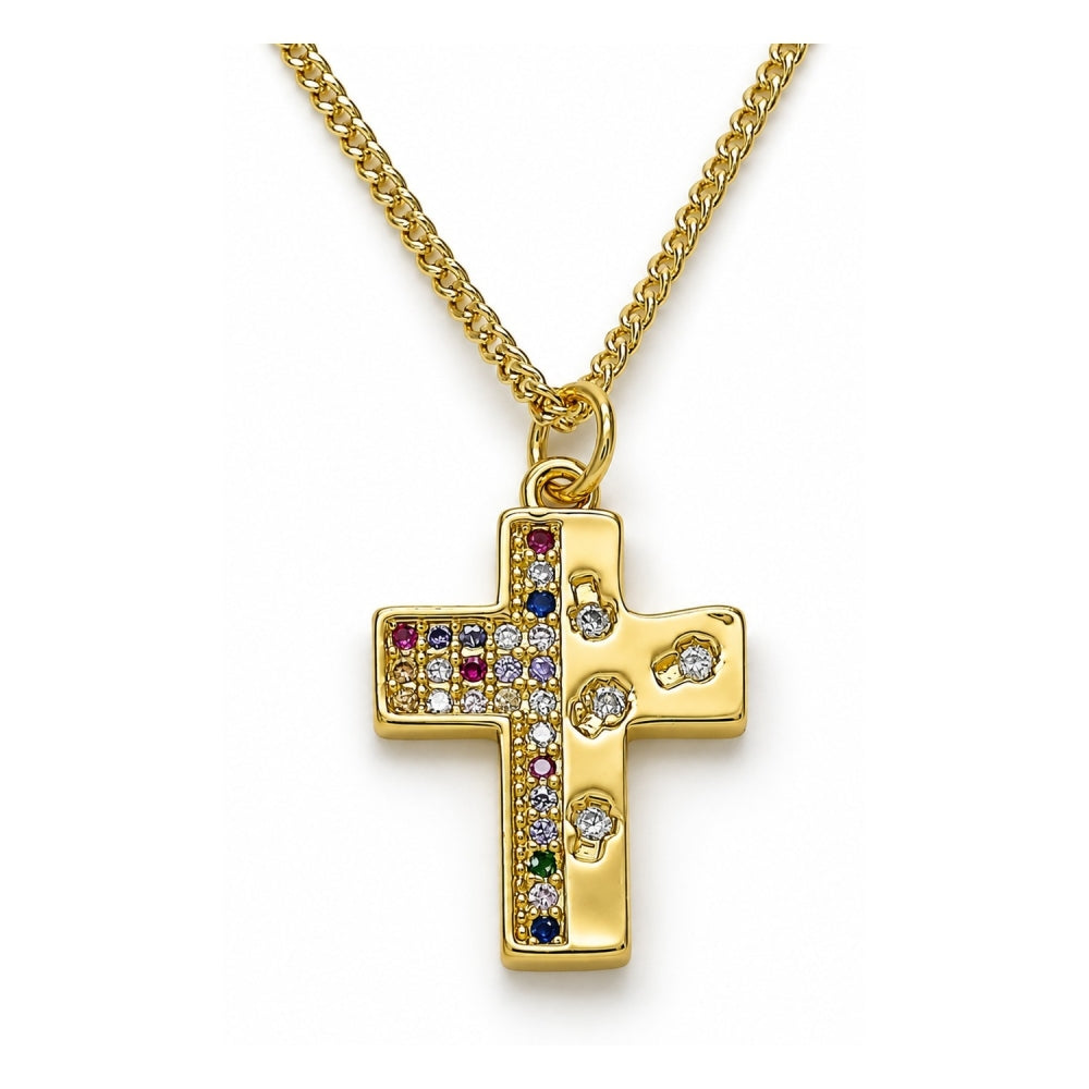 Oro Laminado Pendant Necklace, Gold Filled Style Cross Design, with Multicolor Micro Pave, Polished, Golden Finish