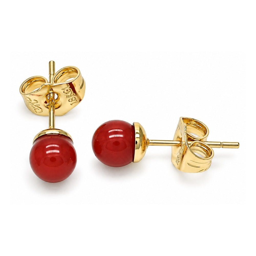 Oro Laminado Stud Earring, Gold Filled Style Ball Design, with Garnet Pearl, Polished, Golden Finish