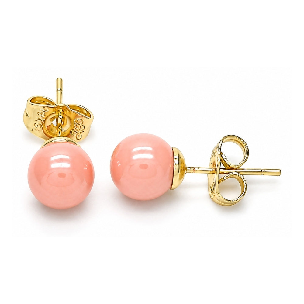Oro Laminado Stud Earring, Gold Filled Style Ball Design, with Pink Pearl, Polished, Golden Finish