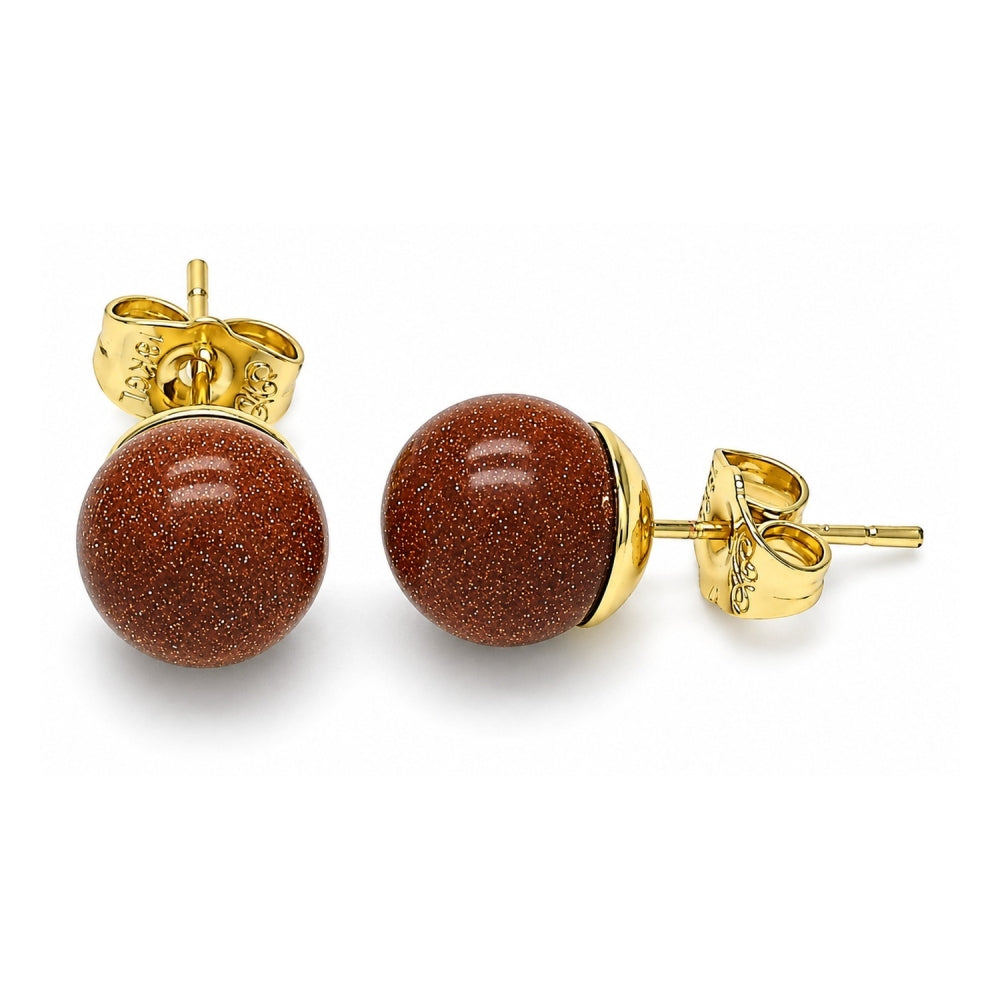 Oro Laminado Stud Earring, Gold Filled Style Ball Design, with Brown Goldstone Venturina, Polished, Golden Finish