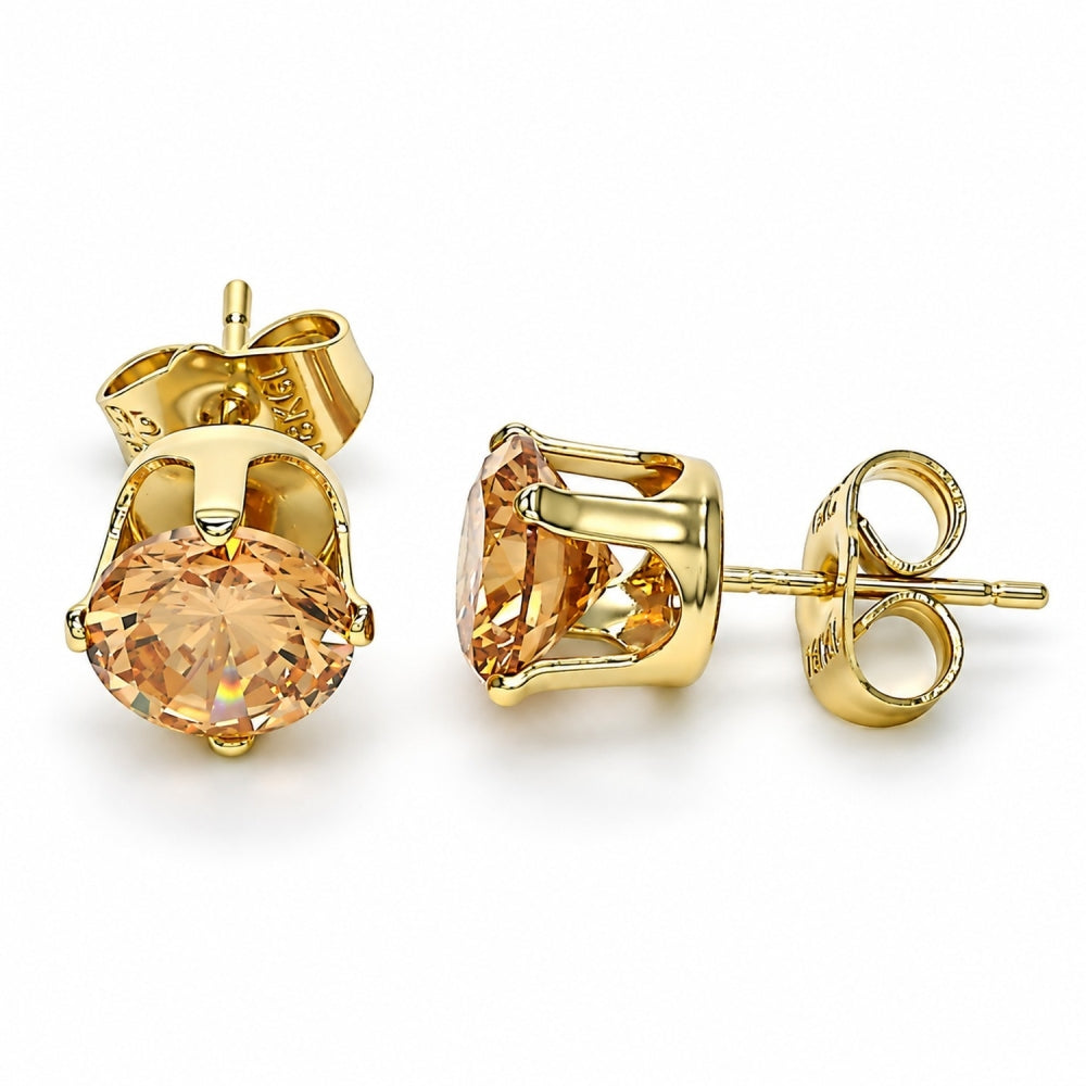 Oro Laminado Stud Earring, Gold Filled Style with Dark Champagne Cubic Zirconia, Polished, Golden Finish