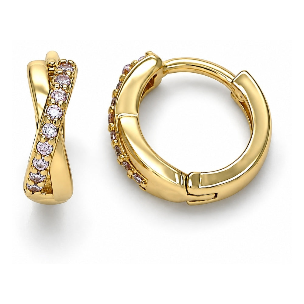 Oro Laminado Huggie Hoop, Gold Filled Style with Pink Micro Pave, Polished, Golden Finish