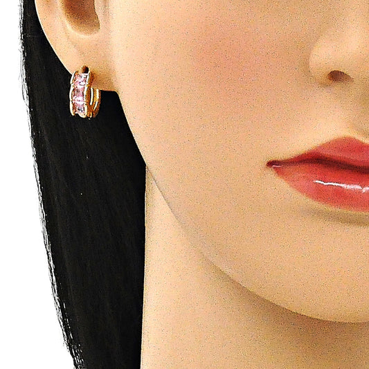 Oro Laminado Huggie Hoop, Gold Filled Style with Pink Cubic Zirconia, Polished, Golden Finish
