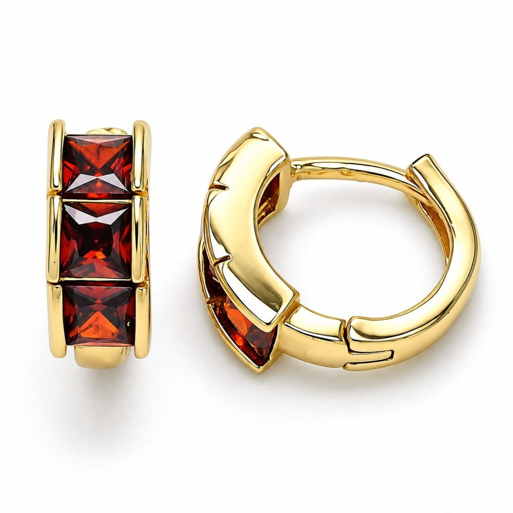 Oro Laminado Huggie Hoop, Gold Filled Style with Garnet Cubic Zirconia, Polished, Golden Finish