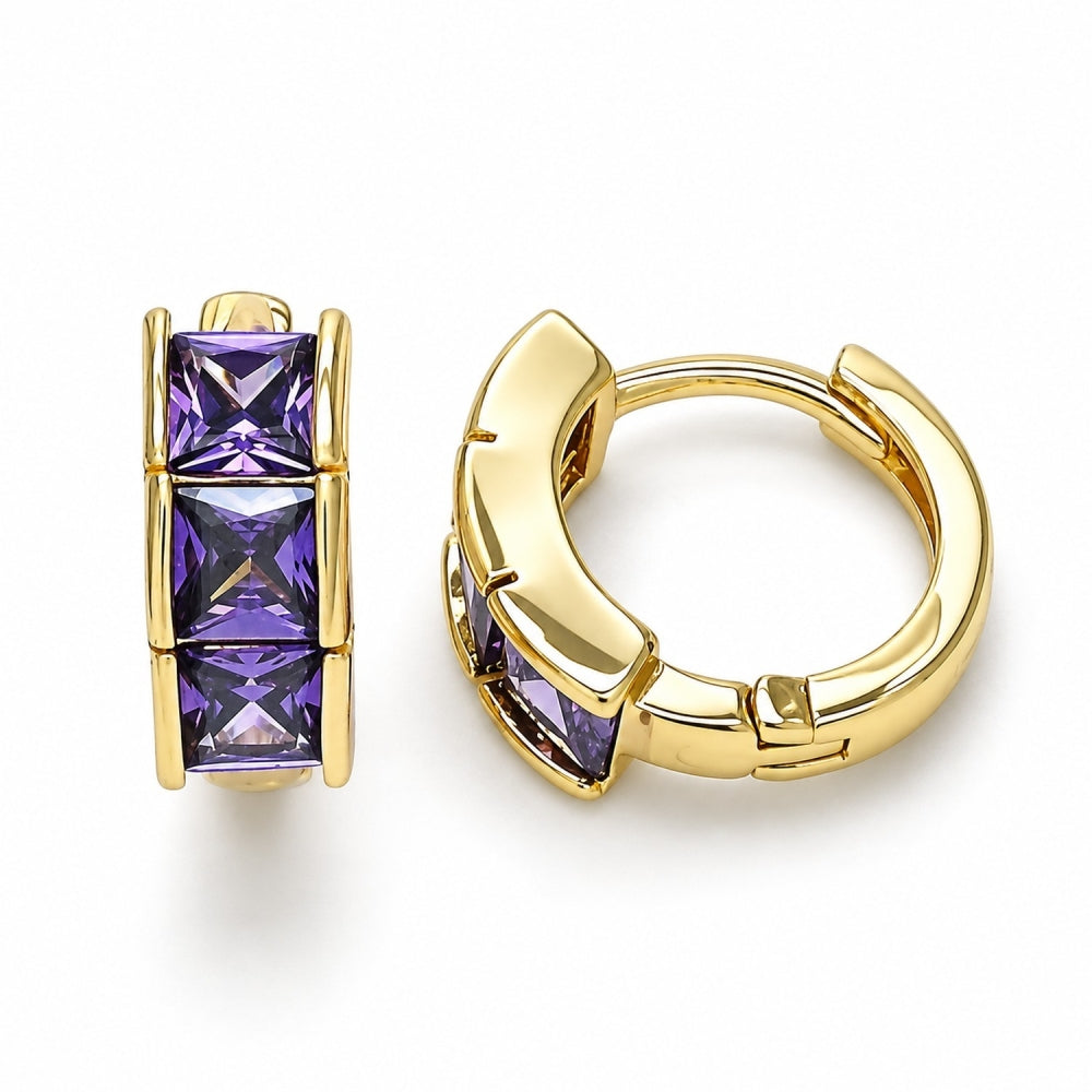Oro Laminado Huggie Hoop, Gold Filled Style with Amethyst Cubic Zirconia, Polished, Golden Finish