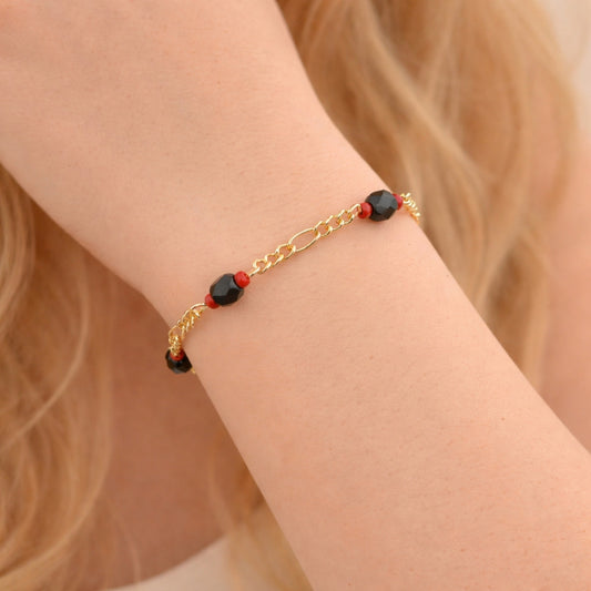 Oro Laminado Fancy Bracelet, Gold Filled Style with Black Crystal, Polished, Golden Finish