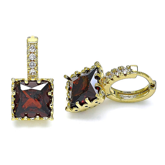 Oro Laminado Huggie Hoop, Gold Filled Style with Garnet Cubic Zirconia and White Micro Pave, Polished, Golden Finish