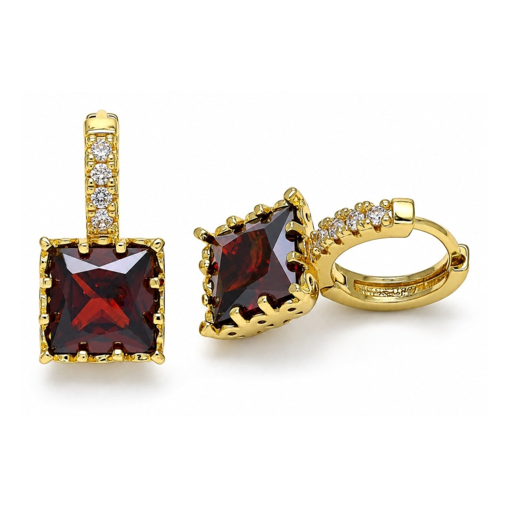 Oro Laminado Huggie Hoop, Gold Filled Style with Garnet Cubic Zirconia and White Micro Pave, Polished, Golden Finish