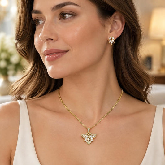 Oro Laminado Earring and Pendant Adult Set, Gold Filled Style Butterfly Design, with White Cubic Zirconia and White Micro Pave, Polished, Golden Finish