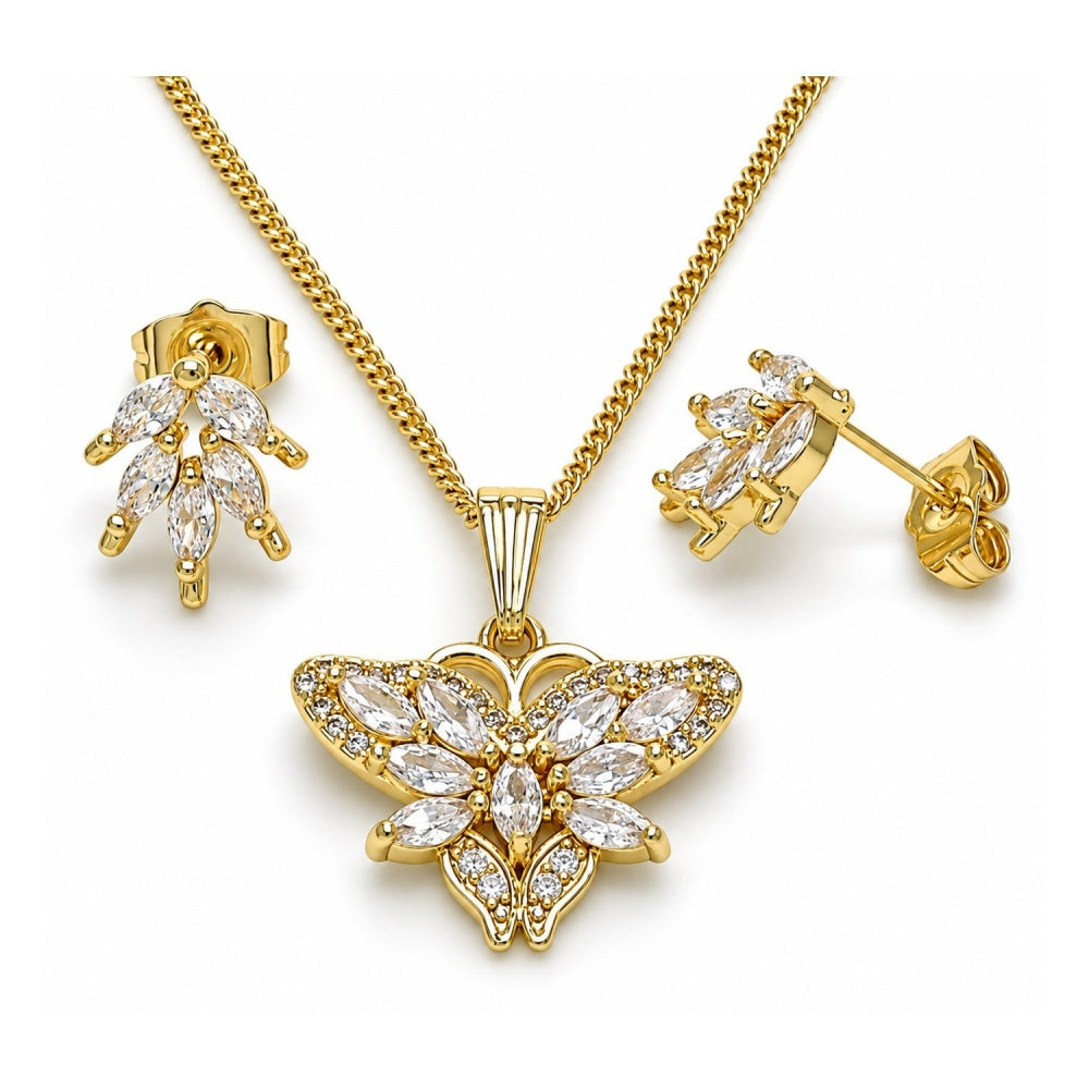 Oro Laminado Earring and Pendant Adult Set, Gold Filled Style Butterfly Design, with White Cubic Zirconia and White Micro Pave, Polished, Golden Finish