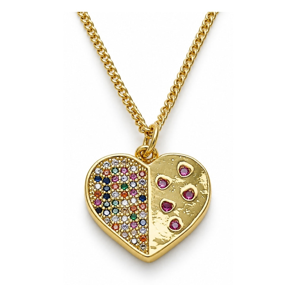 Oro Laminado Pendant Necklace, Gold Filled Style Heart Design, with Multicolor Micro Pave, Polished, Golden Finish