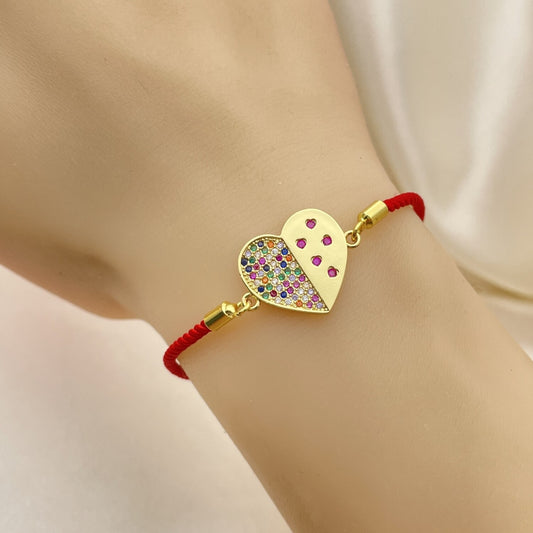 Oro Laminado Fancy Bracelet, Gold Filled Style Heart Design, with Multicolor Micro Pave, Polished, Golden Finish