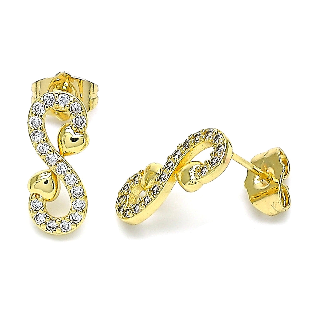 Oro Laminado Stud Earring, Gold Filled Style Infinite and Heart Design, with White Micro Pave, Polished, Golden Finish