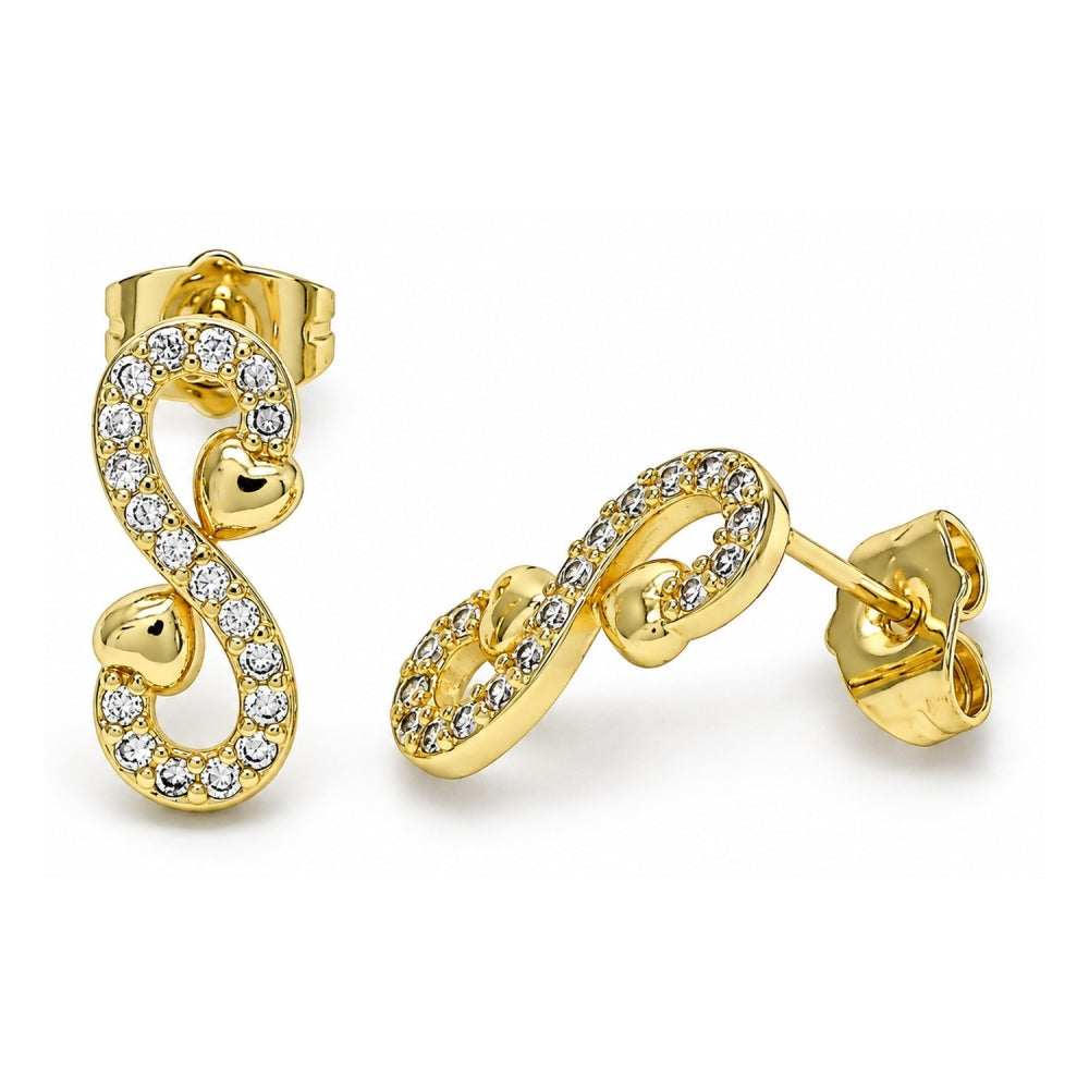 Oro Laminado Stud Earring, Gold Filled Style Infinite and Heart Design, with White Micro Pave, Polished, Golden Finish