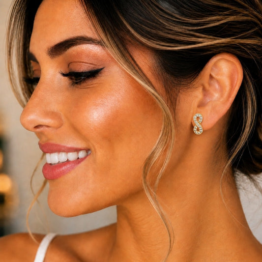 Oro Laminado Stud Earring, Gold Filled Style Infinite Design, with White Micro Pave, Polished, Golden Finish