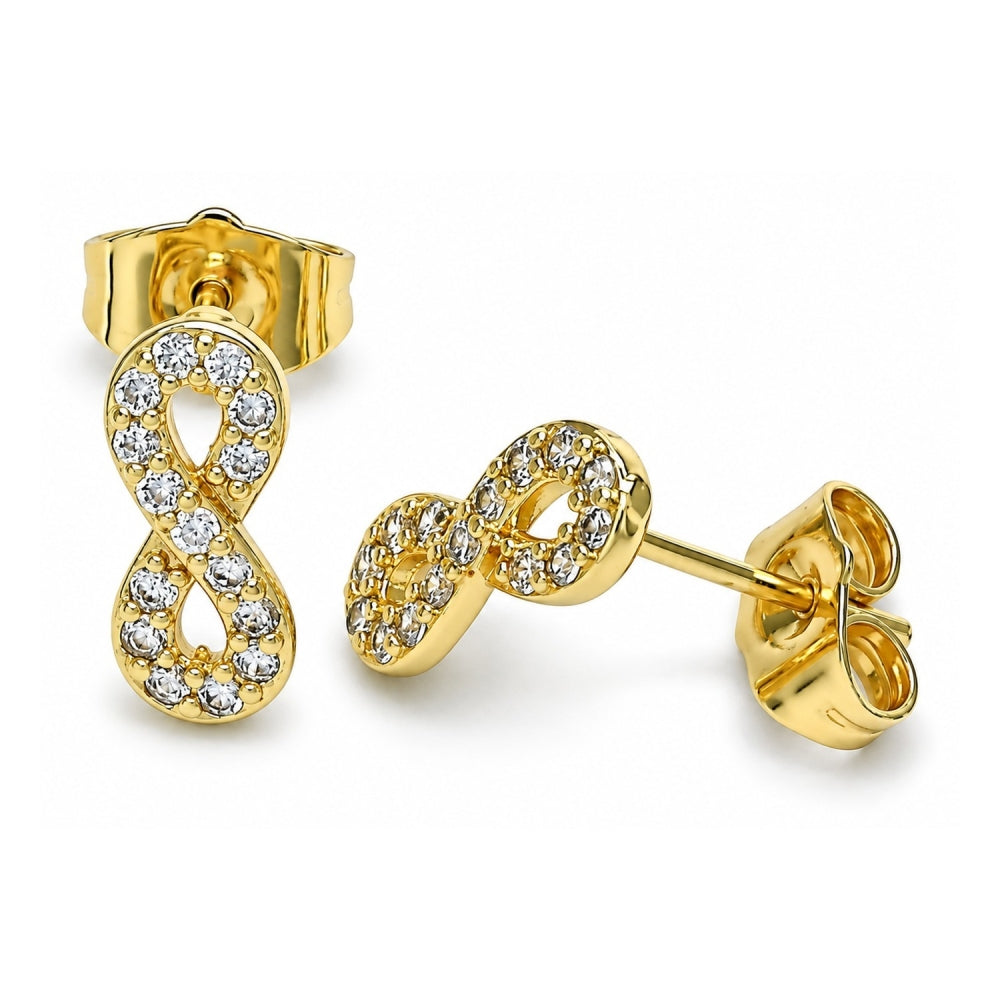 Oro Laminado Stud Earring, Gold Filled Style Infinite Design, with White Micro Pave, Polished, Golden Finish