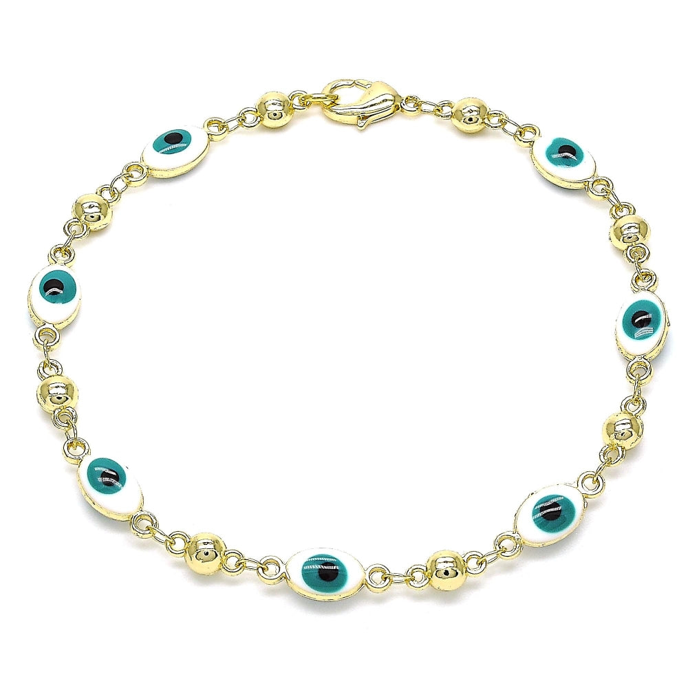 Oro Laminado Fancy Bracelet, Gold Filled Style Evil Eye Design, White Enamel Finish, Golden Finish