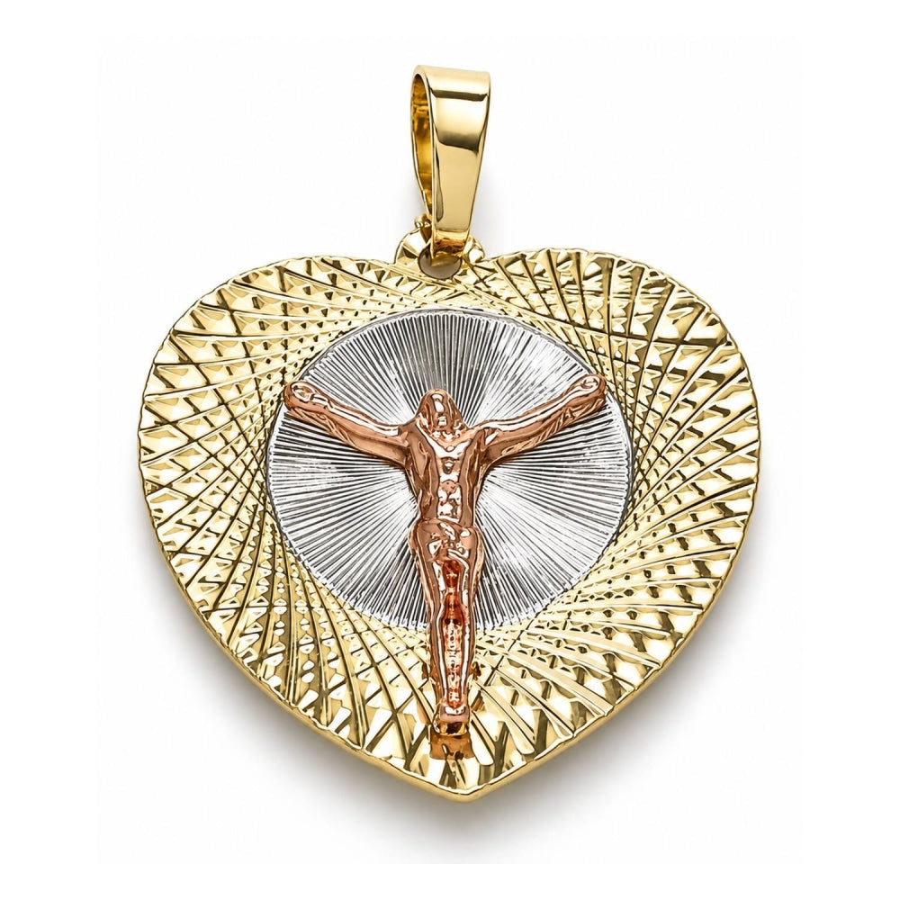 Oro Laminado Religious Pendant, Gold Filled Style Jesus and Heart Design, Diamond Cutting Finish, Tricolor