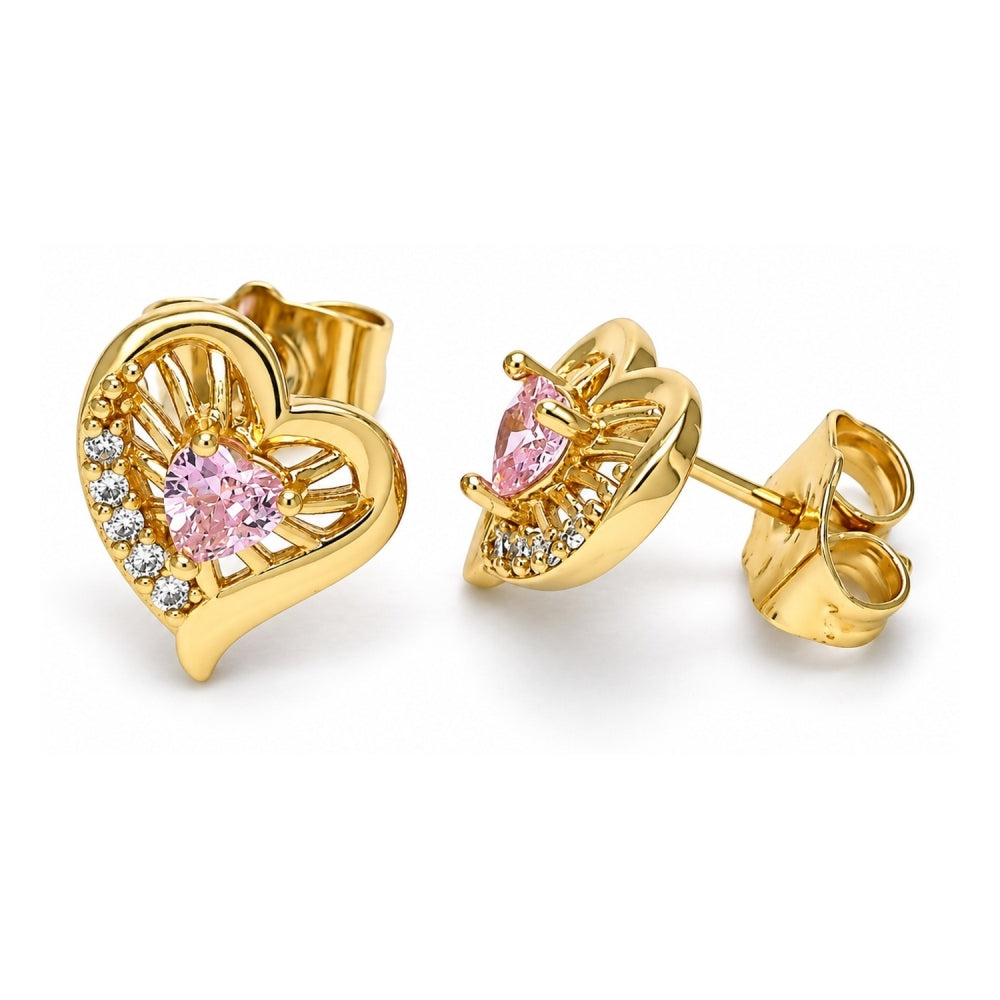 Oro Laminado Stud Earring, Gold Filled Style Heart Design, with Pink and White Cubic Zirconia, Polished, Golden Finish
