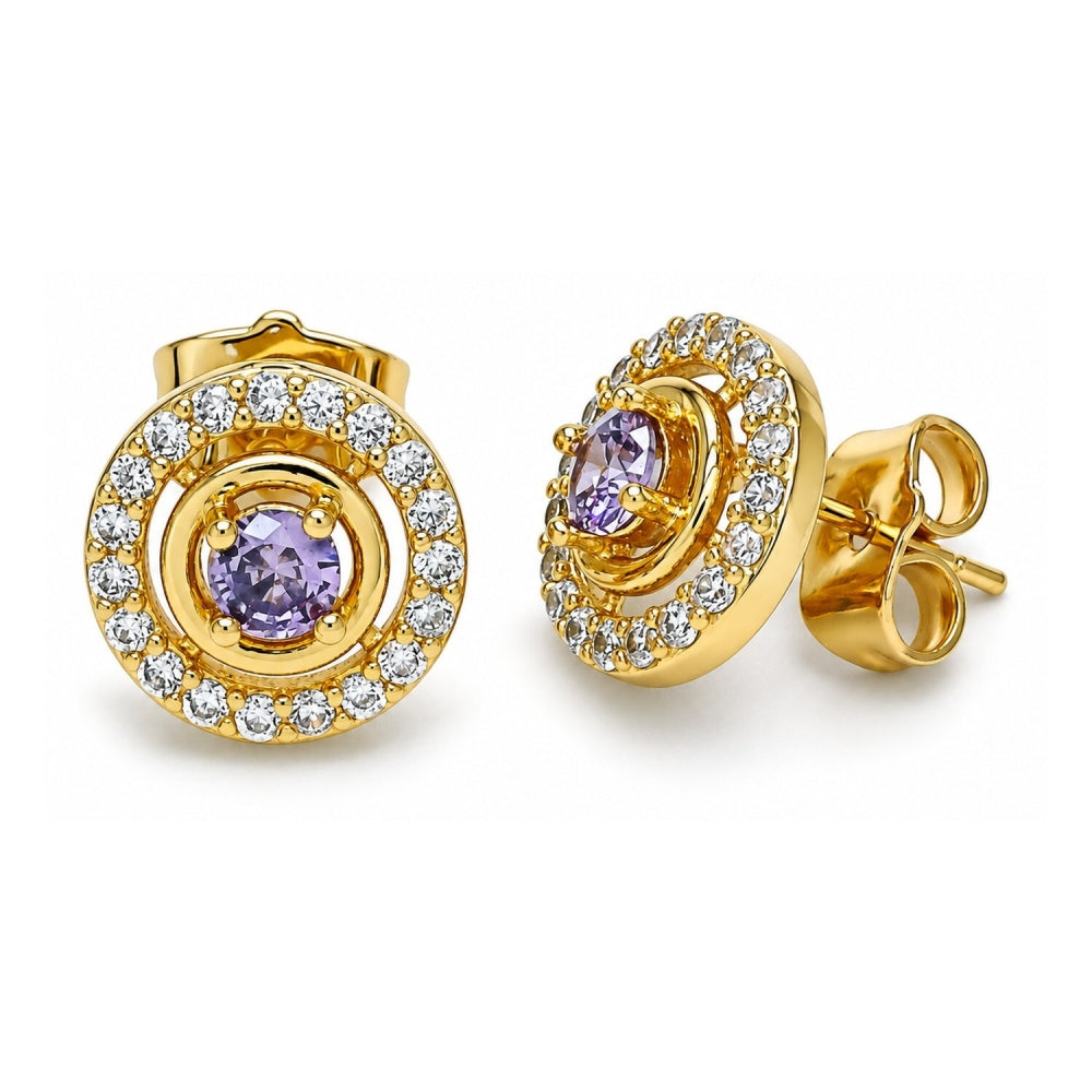 Oro Laminado Stud Earring, Gold Filled Style with Amethyst and White Cubic Zirconia, Polished, Golden Finish